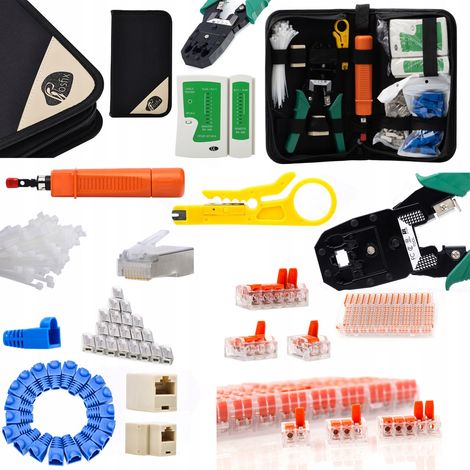 Juego de herramientas de red Rosfix en estuche (probador de cables RJ45/RJ11, herramienta de crimpado y accesorios) v1 + Juego de conectores r谩pidos Rosfix de 75 piezas en caja de pl谩stico