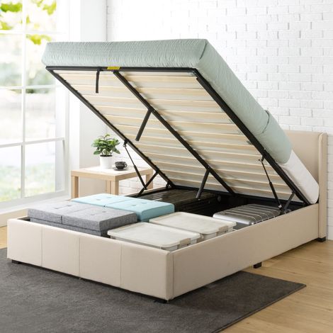 Zinus Maddon Letto 120x190 cm - Struttura letto 31 cm di altezza con contenitore sotto il letto - Ottomano Sollevamento a gas Struttura del letto imbottita con contenitore - Beige (1/5)