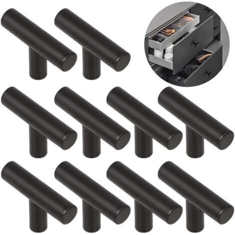 10 poignées de porte de cuisine, entraxe de 50 mm, poignées de meubles en acier inoxydable noir (1/4)