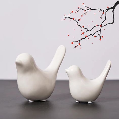 Lot de 2 figurines d'oiseaux en céramique blanche, petites statues d'animaux modernes - Éléments décoratifs pour bureau, bibliothèque, chambre, salon et armoireMaison (1/5)