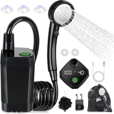 Camping Shower Kit, Portable Shower, Rechargeable Electric Shower Pump, Waterproof, with Smart Display and 4-Mode Shower Head for Outdoor Use, Camping, Hiking