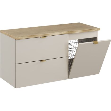 Meuble sous vasque suspendu DALIA Cachemire avec panier à linge et plan en chêne naturel 100 cm-Largeur 100 cm (1/5)