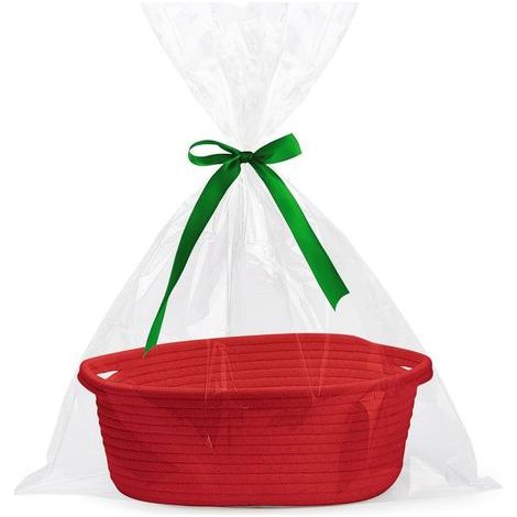 Leerer Geschenkkorb, geflochtener Baumwollseilkorb mit Geschenktüte und Schleife, leerer Geschenkkorb mit Henkel, Aufbewahrungskorb für Katzen- und Hundespielzeug für Babypartys, Geburtstage, Hochzeit (1/5)