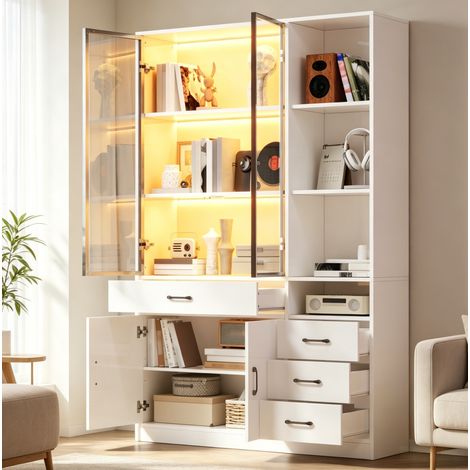 Armario alto vitrina (120x35x200 cm), con 13 espacios de almacenamiento, 4 cajones, LED, madera aglomerada blanco (1/5)