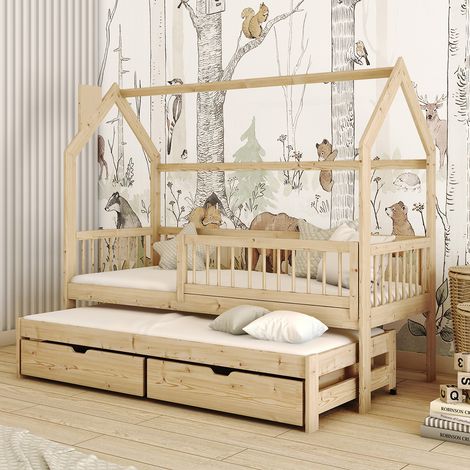 Hüttenbett 90x200 Lattenrost Ausziehbett und Schubladen Lino Holz