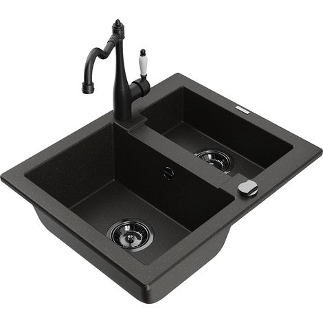 Mexen Carlos fregadero de granito de 1,5 senos con grifo de cocina Carla, negro/dorado metálico - 6518-75-670700-70-B (1/5)