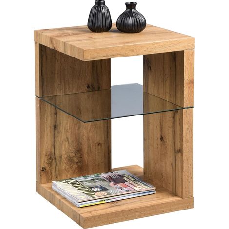 Table d'appoint/Table de Chevet, MDF, Verre de sécurité, chêne Sauvage, 40 x 40 x 60 cm (1/5)