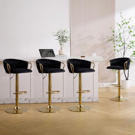 Barhocker 4er Set Samt höhenverstellbar 360° drehbar mit geflochtener Rückenlehne & goldener Fußstütze (1/5)