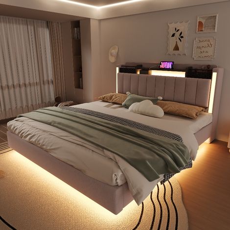 Polsterbett 160x200 cm mit Stauraum im Kopfteil, LED-Beleuchtung und USB-Steckdose, modernes Schwebebett aus Leinenstoff in Beige (1/5)