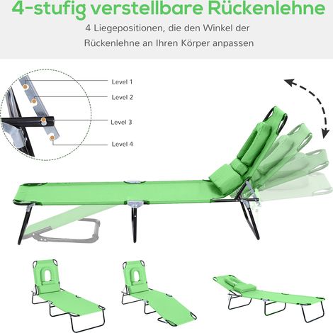 Transat pliable avec trou pour le visage et coussin, revêtement déperlant, armature en acier, vert (1/4)