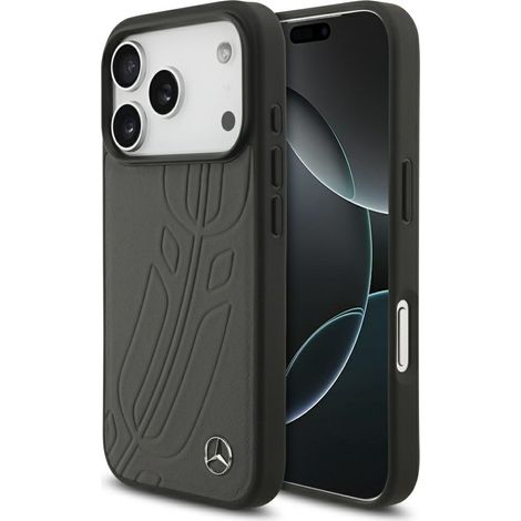 Mercedes Lederhülle „Großes Lorbeerblatt“ mit MagSafe-Funktion für iPhone 17 Pro – Schwarz und Grau (1/5)