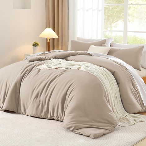 Housse de Couette Coton 240 x 260 Kaki Taupe Adulte Ado Uni 2 Personnes Parure de Lit Unie en Coton Housse Couette 240x260 Linge de Lit avec Fermeture éclair et 65x65cm Taies d'oreiller (1/5)