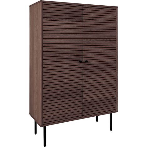 LOWAN - Buffet Haut 2 Portes Effet Tasseaux Teinté Chêne Foncé (1/5)