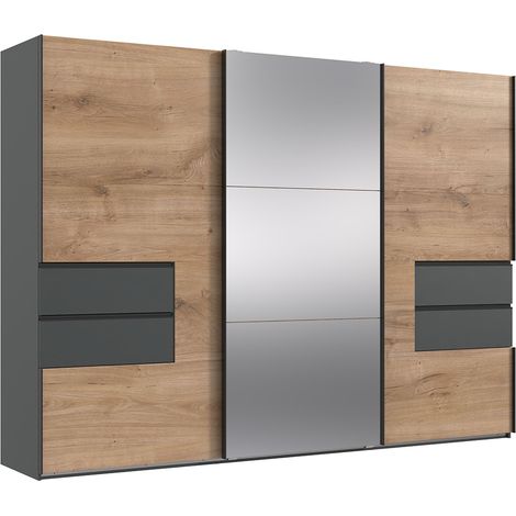 Kleiderschrank mit Spiegeltür, 300 cm breit, Eiche mit graphit PORTOFINO-43 (1/5)