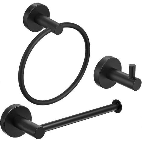 Ensemble d'accessoires de salle de bain en acier inoxydable noir, 3 pièces : porte-serviettes mural double, crochet pour porte-serviettes et papier toilette. (1/4)