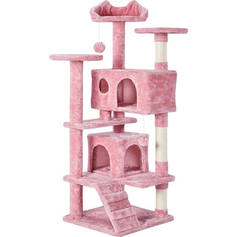 Yaheetech – Arbre à chat 139 cm avec 2 niches et 3 plateformes – Panneau de particules et sisal – Pour 3-4 chats – Couleur rose