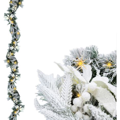 LED Tannengirlande mit Schnee und Blumen warm weiß beleuchtet - 183 cm mit 35 LED - Weihnachtsgirlande Batterie betrieben mit Timer - Deko Beleuchtung Kunst Tanne Girlande für Weihnachten Advent