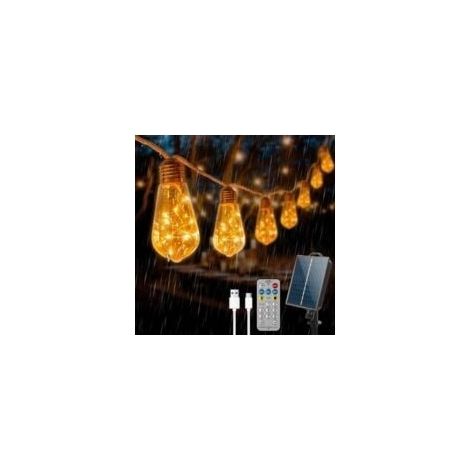 Guirlande Lumineuse Exterieure, Guirlande Guinguette Solaire avec 16 Ampoules, Corde de Chanvre 10M, 8 Modes IP64 Étanche, Télécommande et Chargement USB, pour Jardins, Cours, Bistrots,Pavillon (1/4)