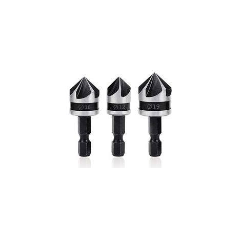 Kit Fraise à Chanfreiner 90° Fraise Conique 5 Flûtes, Outil de Coupe Bois avec Tige Hex 12mm/16mm/19mm