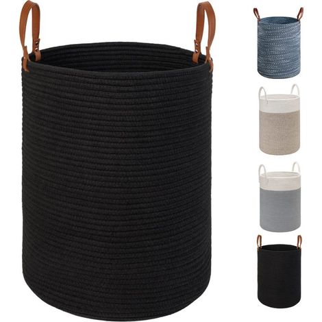 Extra Large Laundry Hamper - 15.7" (W) x 19.7" (H) - Collapsible Woven Cotton Rope Hamper with Leather Handles for Storing Clothes, Diapers, Toys (Black) (1/5)