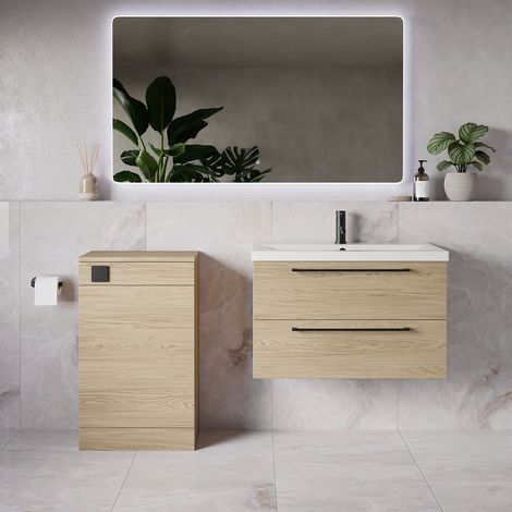 Napoli 390 Light Oak 1300mm Wall Mounted 2 Drawer Vanity Unit and Toilet Suite with Glide Basin - 1300mm - Matt Black 480mm HandleWithout Kingston Toilet Pan