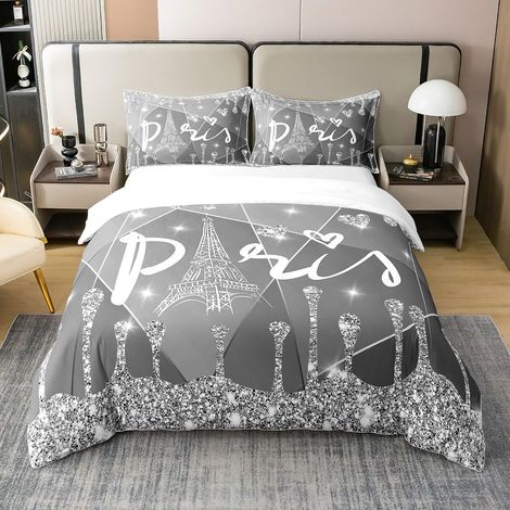 Paris Diamant Brillant Tour Eiffel 100% Coton Housse de Couette 140x200cm Garçons Filles Enfants Argent Gris Valentine Cadeau Parure de lit 100% Coton Ensemble de Literie 2 pièces - 140 x 200 cm + 1 t (1/5)