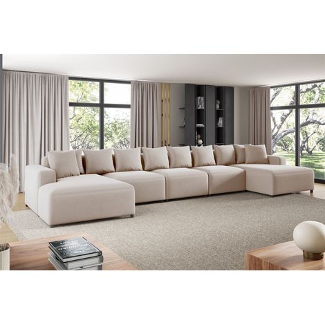 Wohnlandschaft Sofa U-Form Designersofa MEGAN XL in Stoff Salvador Hellbeige (1/2)