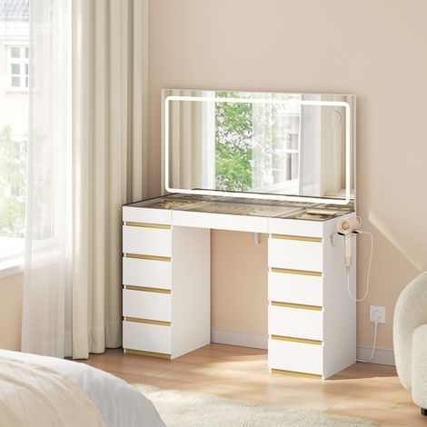 WOLTU Coiffeuse avec Miroir LED, Éclairage à 3 Couleurs, 11 Tiroirs, Plateau en Verre Trempé, Station de Charge, Casiers à Bijoux, Blanc+Doré (1/5)
