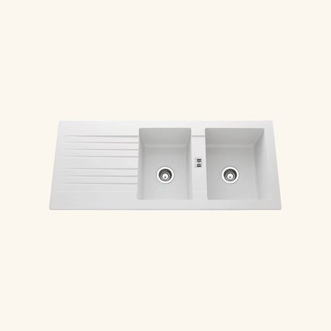Cuisissimo – Évier résine blanc 116x50 cm – 2 bacs réversibles – Évier à encastrer avec vidage manuel – Bonde et siphon inclus (1/3)