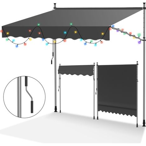 SWANEW Tenda da sole manuale con maniglia Non richiede foratura Resistente all'acqua e al sole Altezza regolabile Con luci decorative Grigio 300cm (1/5)