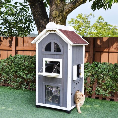 Casetta per gatti da esterno PawHut, casetta a 2 piani in legno di abete, resistente alle intemperie con tetto in asfalto, grigia, 59 x 55 x 109 cm