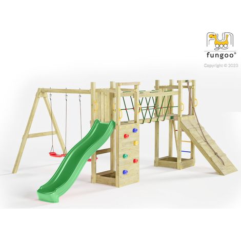 Fungoo Spielturm "Maxi Funny", natur, mit Doppelschaukel, Rutsche, Verbindungselement, Kletterwand und Rampe