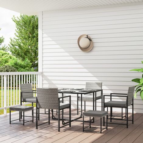Conjunto de Jardín Exterior de 9 Piezas de Ratán Sintético con Mesa de Vidrio 4 Sillas y 4 Taburetes con Cojines Gris (1/5)