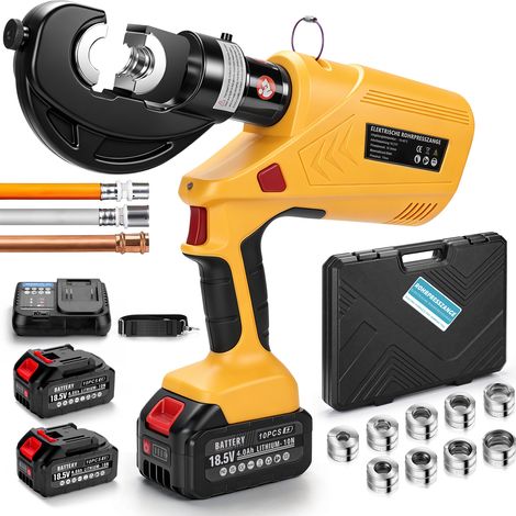 60 kN Pince à sertir Presse Électrique Sans Balais Jaune Plomberie Outil de plombier Tête en C type Pistolet Profils V et TH kit sans fil 2 Batteries 4Ah Écran LCD 9 Matrices Tube Cuivre Inox Multicou (1/5)