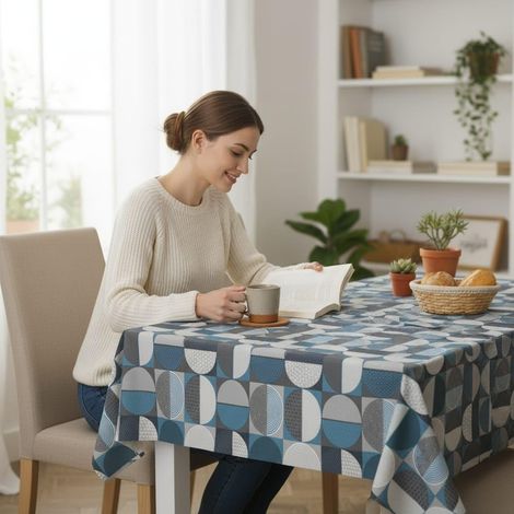 Nappe Toile cirée Lavable rectangulaire 260x140 cm Meno Bleu (1/5)