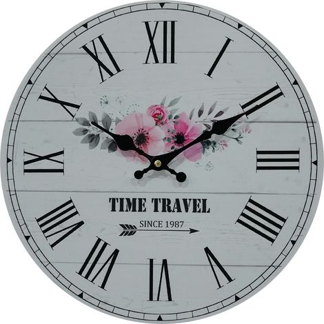 Rebecca Mobili Shabby Wanduhr Mdf Weiß Floral Thema für Wohnzimmer Küche