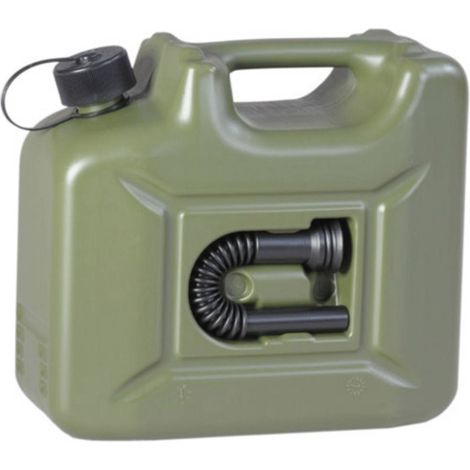 Bidon d'essence 10L en plastique HDPE – Couleur olive – Tuyau de sortie intégré – Homologué pour transport de matières dangereuses – Hünersdorff (1/6)