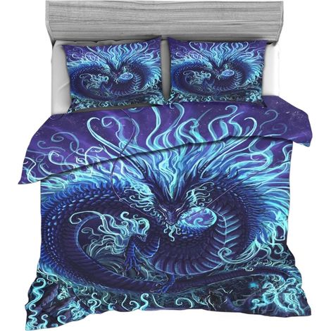 Ensemble de literie 3 pièces, motif animaux sauvages, coloré, polyester, pour chambre à coucher, dragon bleu, 220 x 240 cm, 3 pièces (1/2)