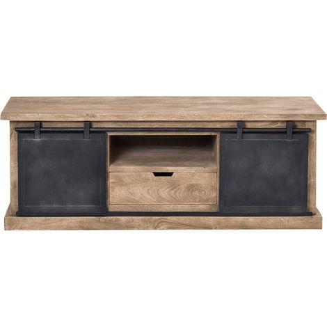 Made In Meubles – Meuble TV industriel en bois de manguier brossé 150 cm – 5 niches et tiroir – Portes coulissantes en métal noir – Finition vintage (1/5)