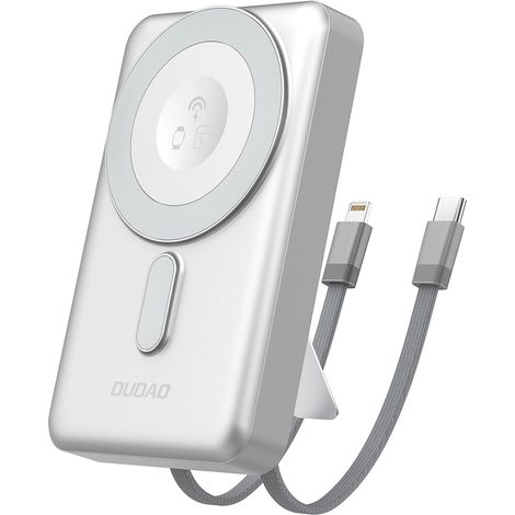 Batería externa Dudao K29 de 10000 mAh PD de 20 W MagSafe con carcasa metálica, soporte y cables USB-C/Lightning integrados - Plateada