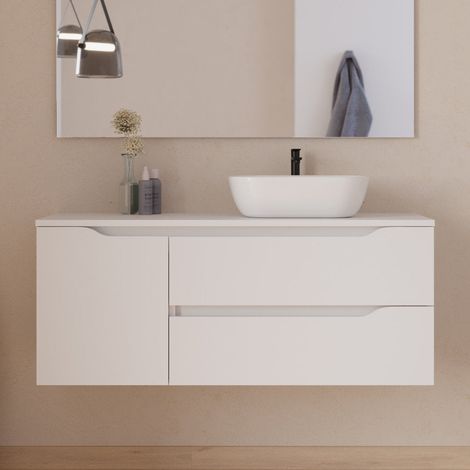 Meuble de salle de bain 120cm avec plateau et vasque à poser déportée à droite Zeus - sans miroir - 2 tiroirs et un placard - blanc - ZARZA