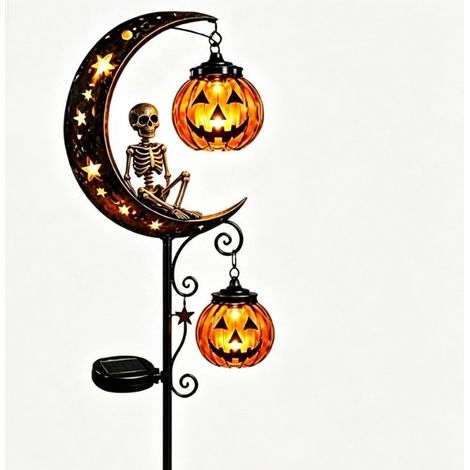 Lampe solaire décorative pour jardin : Lune et citrouille avec squelette (LED), étanche, thème Halloween (1/4)
