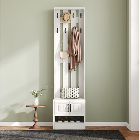 Schuhschrank 50x36x190 cm weiß aus Spanplatte mit Sitzbank, 2 Türen und 8 Haken (1/5)