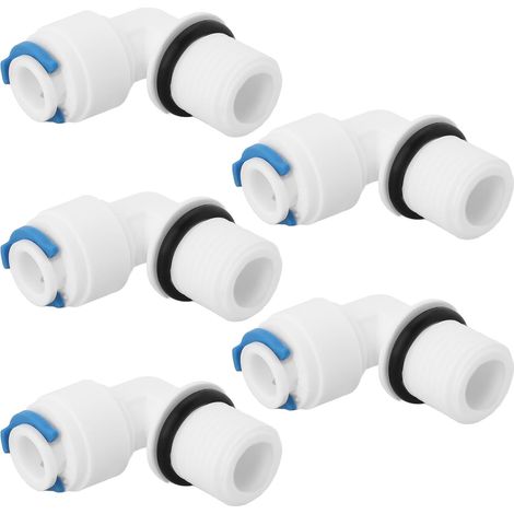 Lot de 5 raccords filetés mâles 1/4 vers 1/4 coudés à 90° pour l'installation de boîtiers de filtre de rechange pour systèmes de filtration d'eau par osmose inverse (1/5)