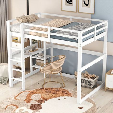 Lit mezzanine enfant 140x200 cm en pin blanc avec bureau et 4 rangements – sommier à lattes