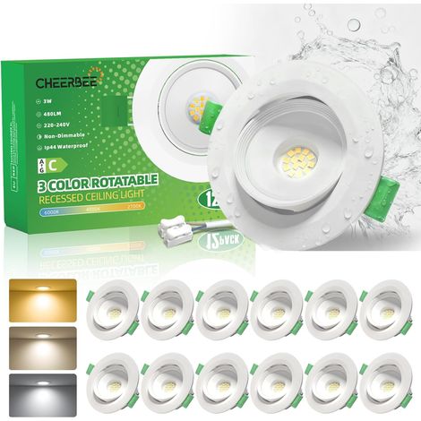 Spot LED Encastrable Orientable, 3W 450LM Spots de Plafond Encastré Blanc Chaud 2700K Blanc Neutre 4000K Blanc Froid 6000K Réglable, IP44 Pour salle de bain Salon Cuisine, Ø70–80mm, Lot de 12