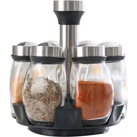 Ensemble de rangement pour épices - Ensemble simple de 6 pots à épices et d'un support à épices rotatif-AquaForge (1/5)