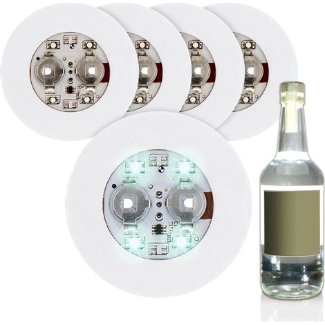 Selbstklebendes Flaschenlicht 5er Set je 6 cm - kalt weiß - Runde Leuchtsticker für Flaschen - LED Licht Sticker Glas Flaschen Deko Beleuchtung