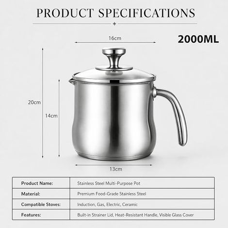 Casserole à lait en acier inoxydable 304 avec couvercle - 2 l - Double paroi - Avec sifflet pour induction, gaz et électrique - Grande casserole à lait et cuisinière de 2000 ml (1/4)