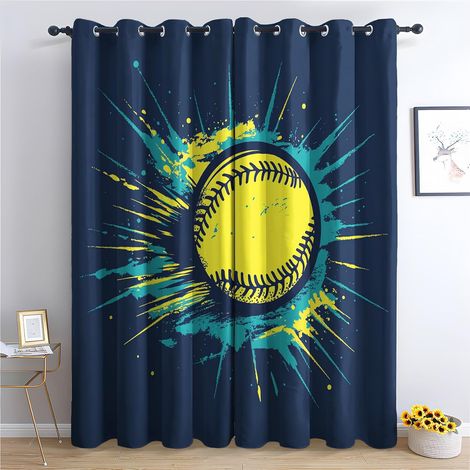 Rideau Occultant Baseball - Décoration Baseball, Rideau Thermique Motif Garçon Ballon Sport Jeu, Lot de 2 Rideaux Opaque à Oeillets pour Fenetre Chambre Salon, 140x160 cm (LxH) I449 - 2x L 140 X H 160 (1/5)